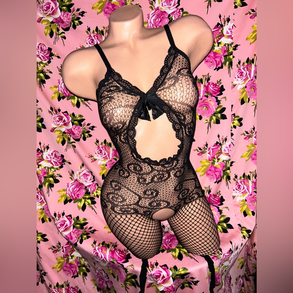 Black lace peephole bodysuit stockings fishnet steampunk corset Pinup doll I3